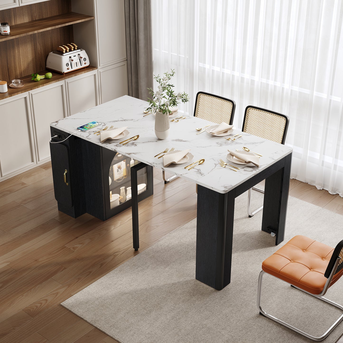 Kitchen Island With Wheels, Extendable Dining Table With Removable Table Top, Mobile Serving Trolley With Power Strips, Serves As A Sideboard, Sideboard Or Bar Table For Kitchen And Dining Room  Black