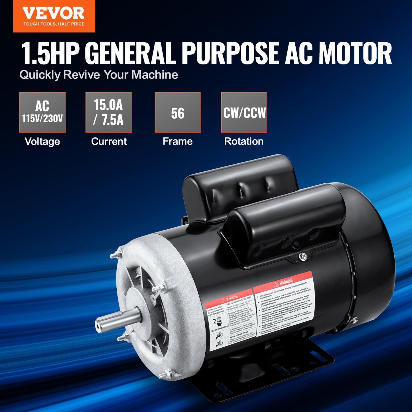 1.5HP Electric Motor 3450 Rpm, AC 115V/230V, 56 Frame, Air Compressor Motor Single Phase, 5/8' Keyed Shaft, CW/CCW Rotation For Agricultural Machinery And General Equipment