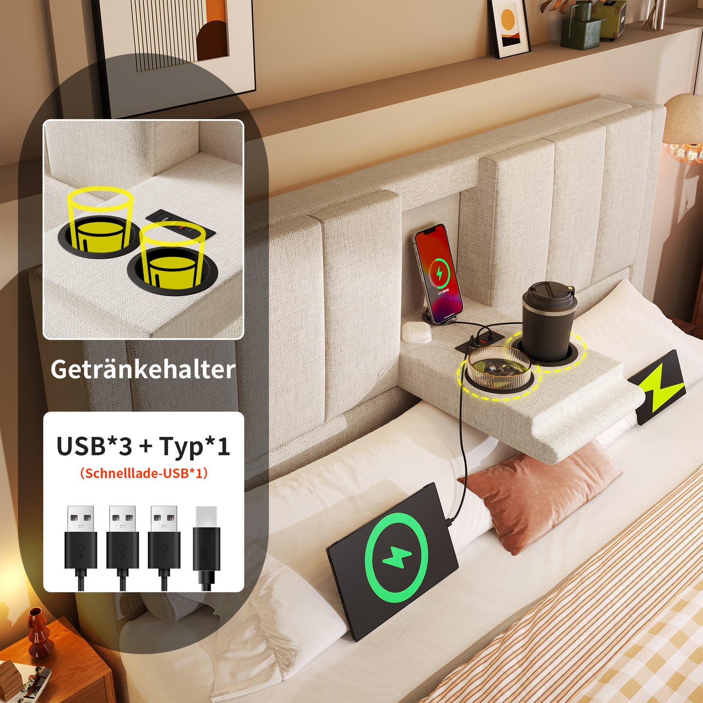 Upholstered Bed 140x190 Cm, Double Bed With Hidden Cup Holder & Charging Station, Hydraulic Bed With Storage Space Under The Bed, Incl. Slatted Frame, Linen Beige  Without Mattress