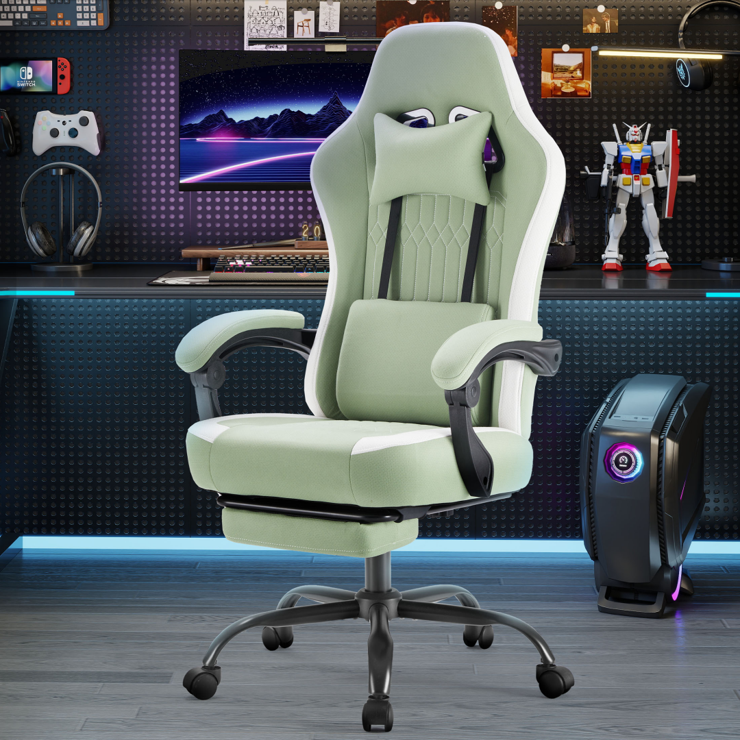 Computer Game Chair - Lumbar Support, Adjustable Height With Armrests And Headrests, 360 Rotating Wheels