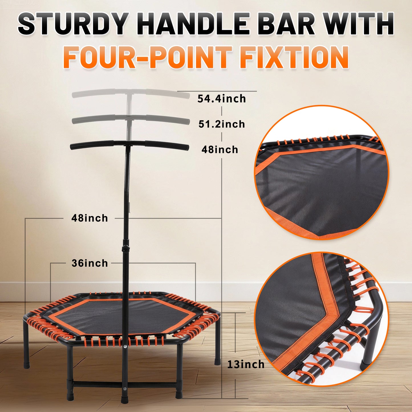48 Mini Rebounder For Adults With Adjustable Handle Bar, Bungee Ropes, Stable & Quiet, Indoor Outdoor, Whole-Body Workout & Relaxation ,Fitness Trampoline For Home And Gym, Cardio & Strength Training
