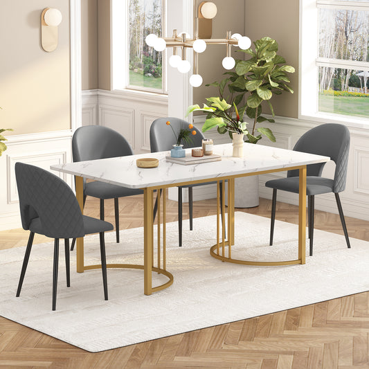Dining Group,Set,140x80cm Dining Table With 4 Chairs,Modern Kitchen Table Set,Velvet Dining Room Chair With Diamond Pattern,Adjustable Chair Legs,Grey Velvet,MDF Table Top In White,Golden Table Legs
