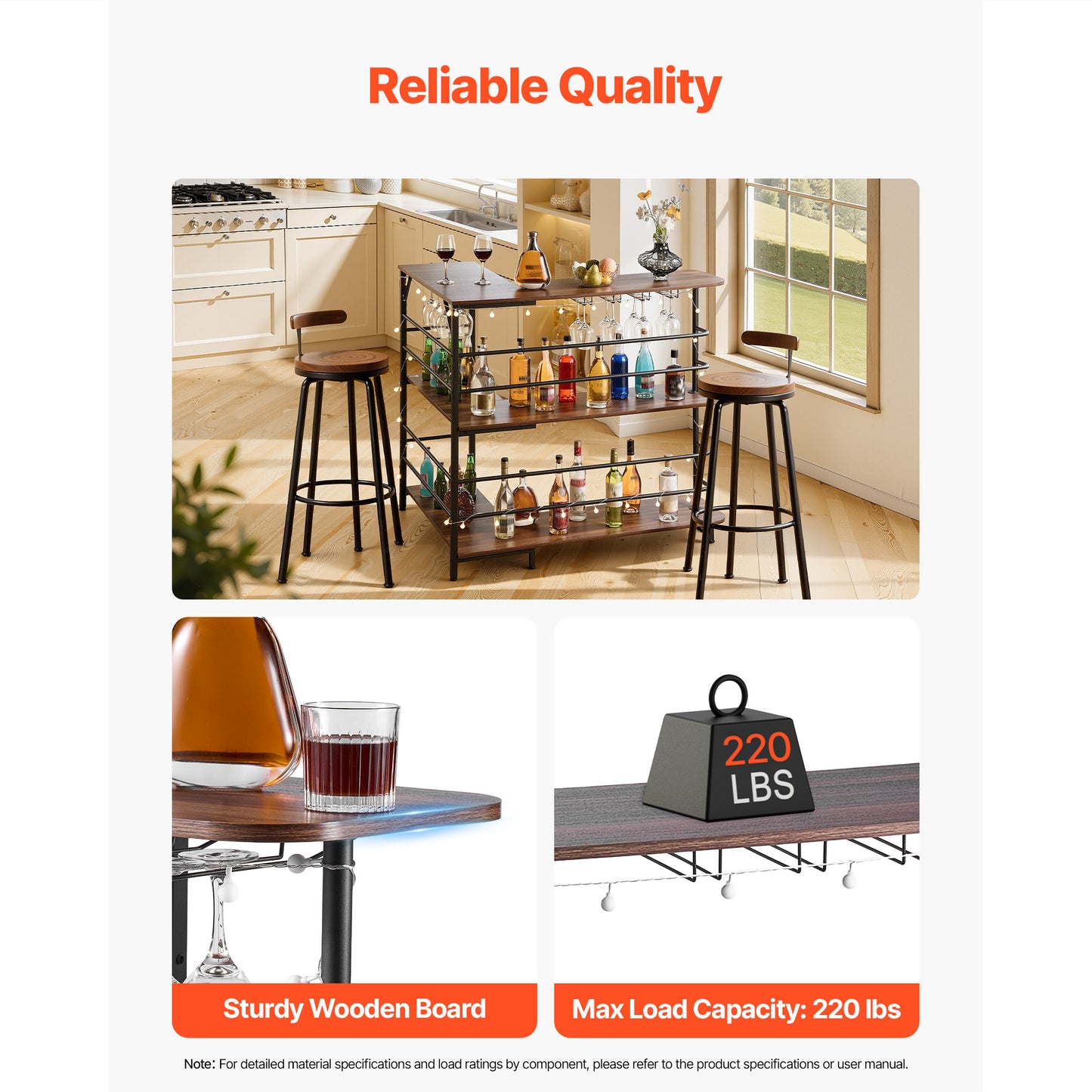 Home Bar Unit, L-Shaped Wine Bar Cabinet Table 3-Tier With Storage Shelves, Adjustable Foot Pads, LED Light, Walnut Finish & Metal Frame Liquor Cabinet For Home, Kitchen,Living Room,Pub,Basement