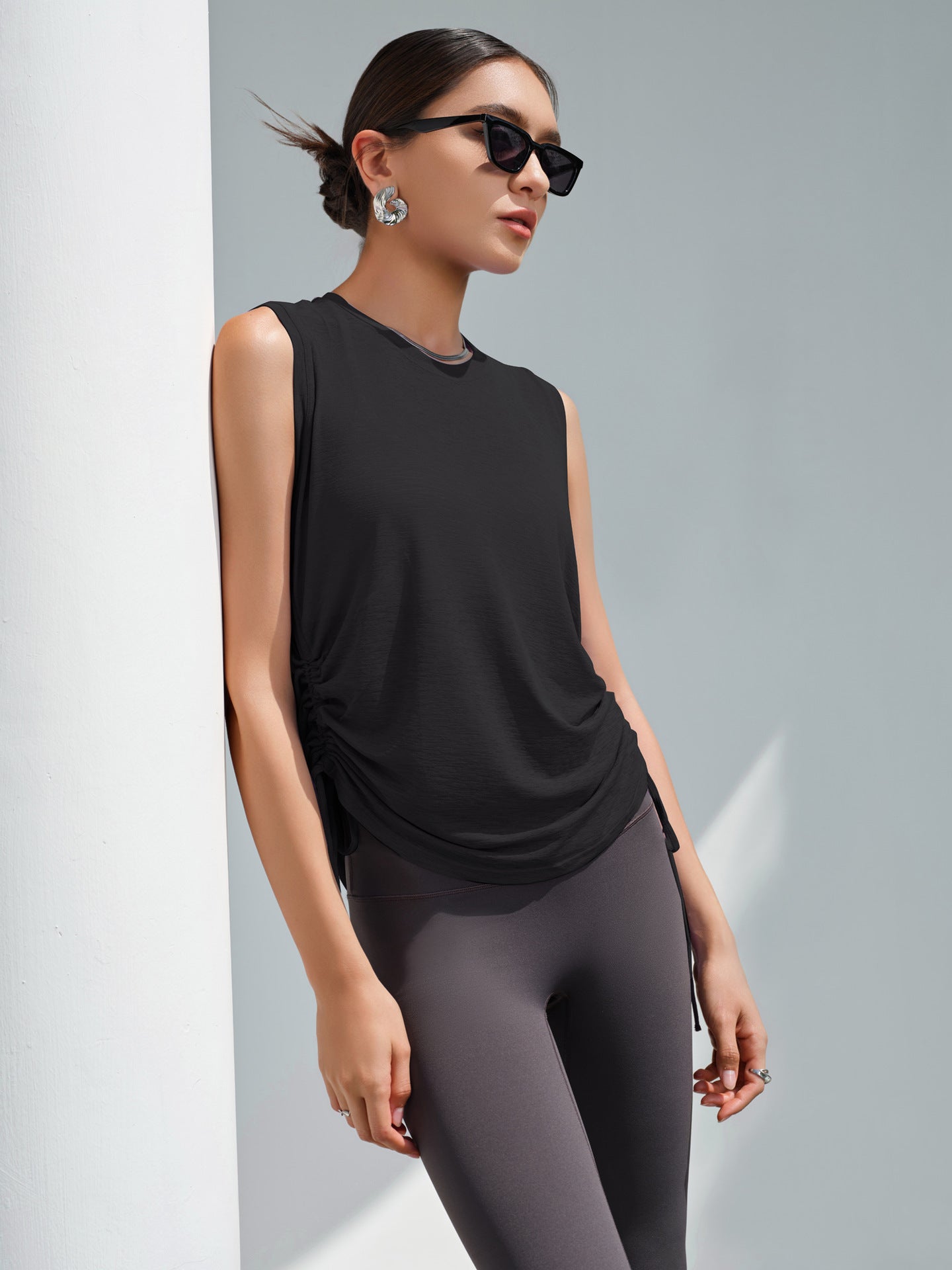 Women's Spring & Summer New Drawstring Sports Top, Loose Casual Quick-Dry Sleeveless Yoga Tank Top, Thin Fitness Shirt