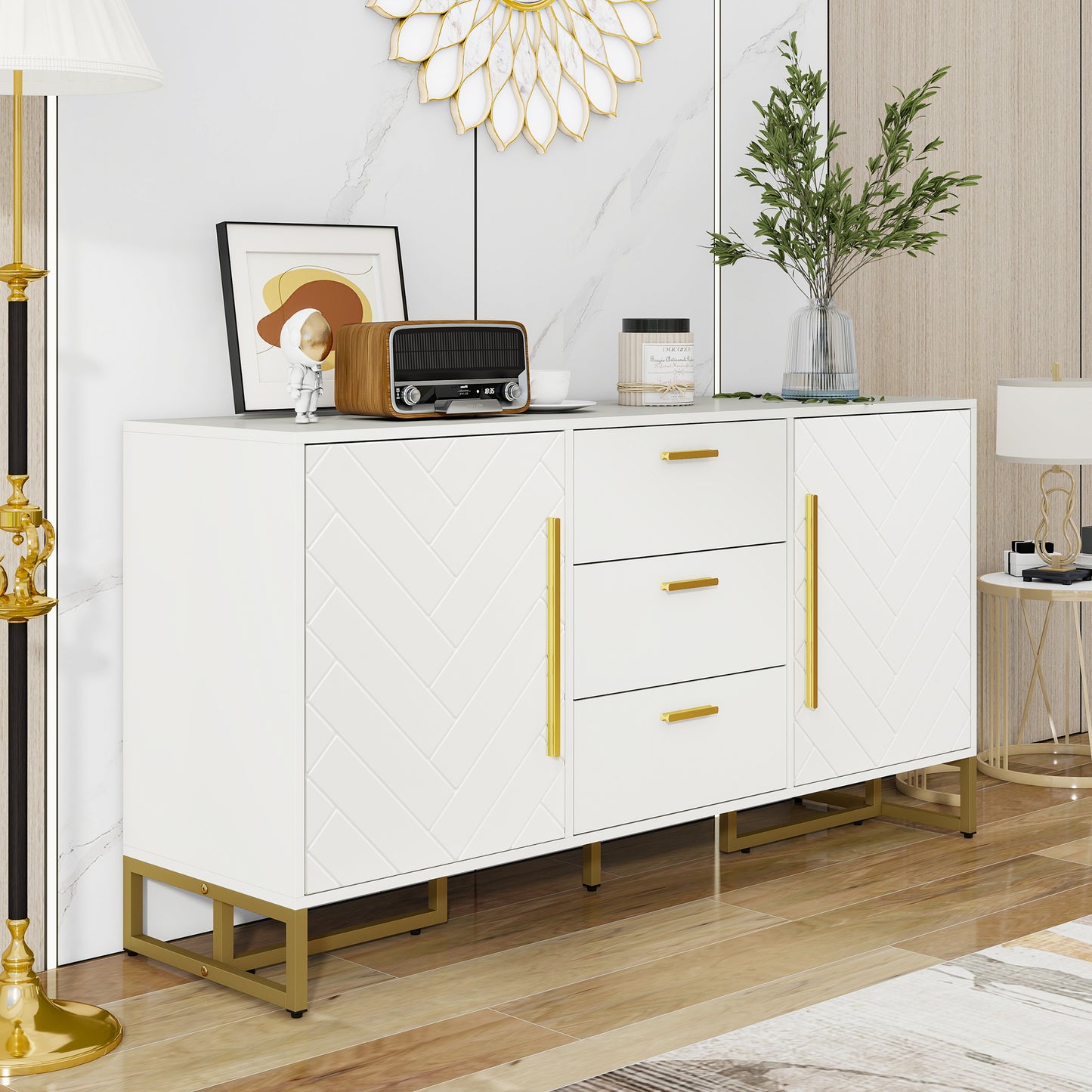 White Elegant Sideboard With Herringbone Pattern, With 2 Doors And 3 Drawers For Dining Room, Kitchen And Living Room  White