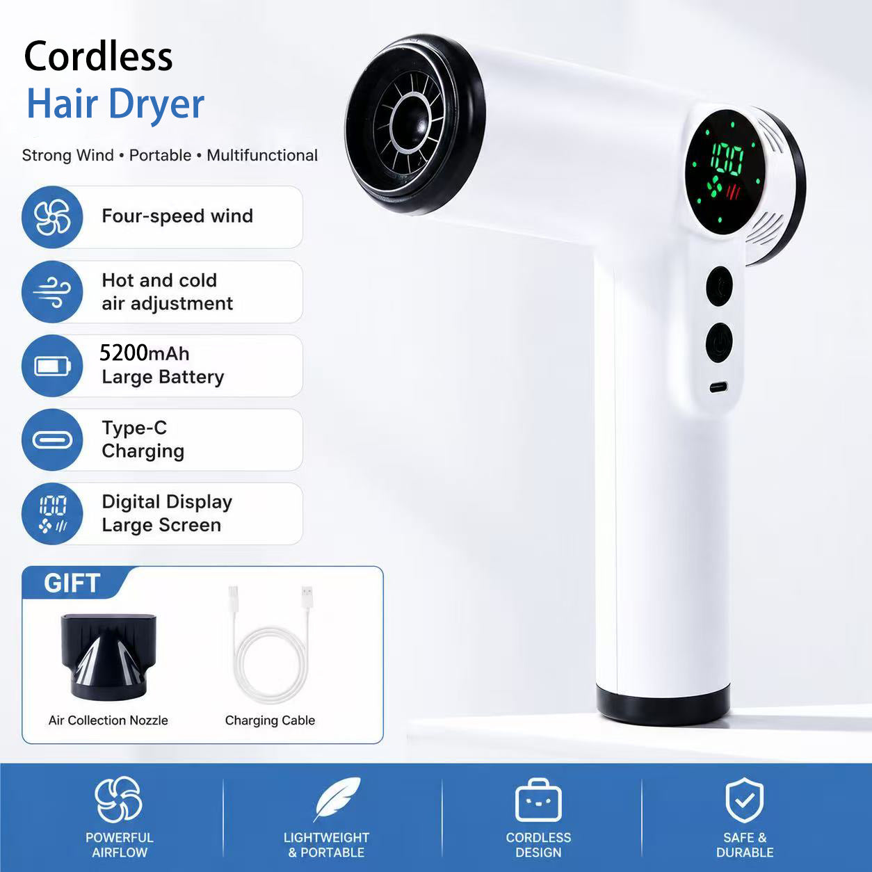 Wireless Portable Student-Size High-Wind Hair Dryer For Dorms