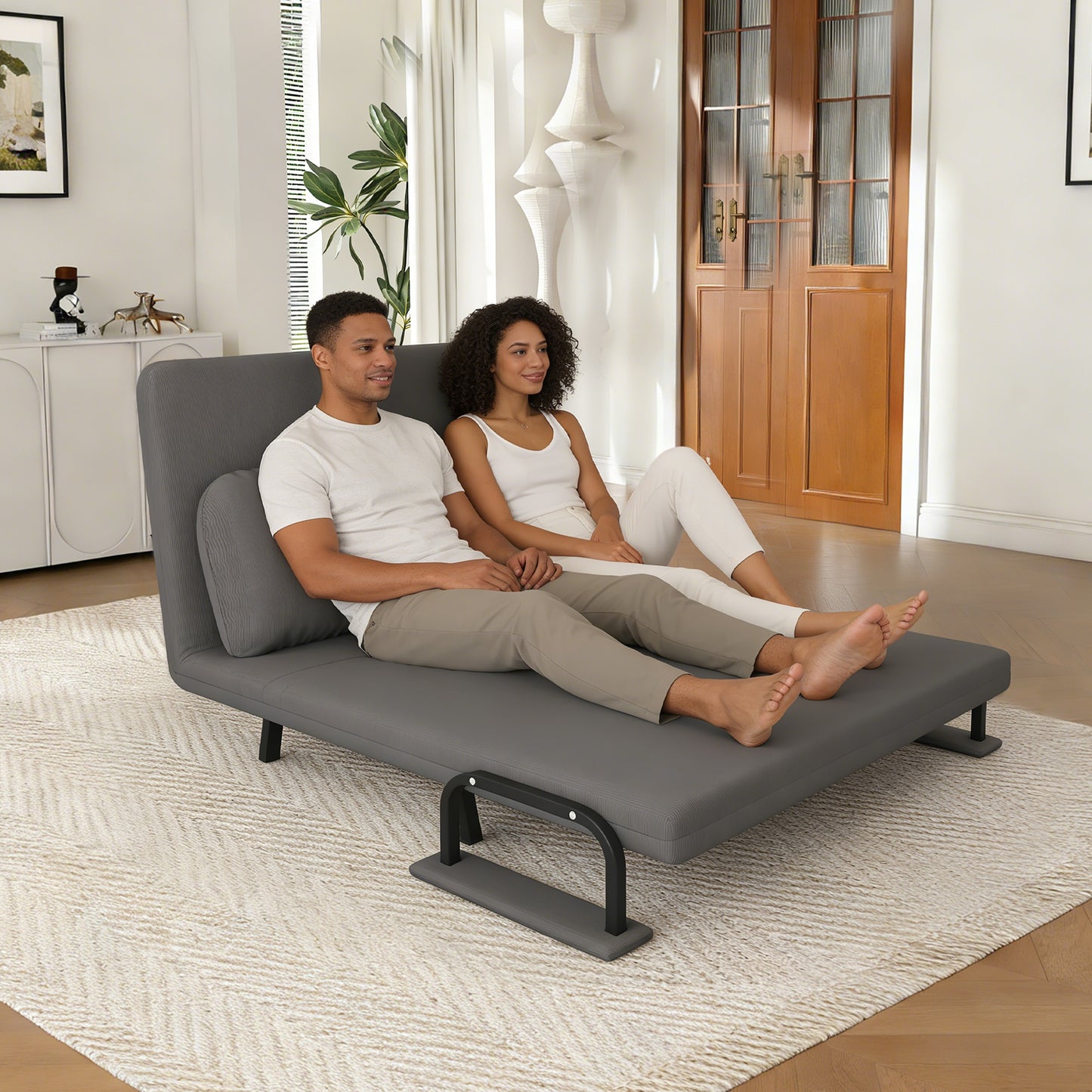 46 Wide Folding Sofa Bed 5-in-1 Convertible Chair For Two - 5-Position Adjustable Backrest With Pillow, Space-Saving Sleeper For Living Room, Bedroom & Office 71.6W X 46D Grey