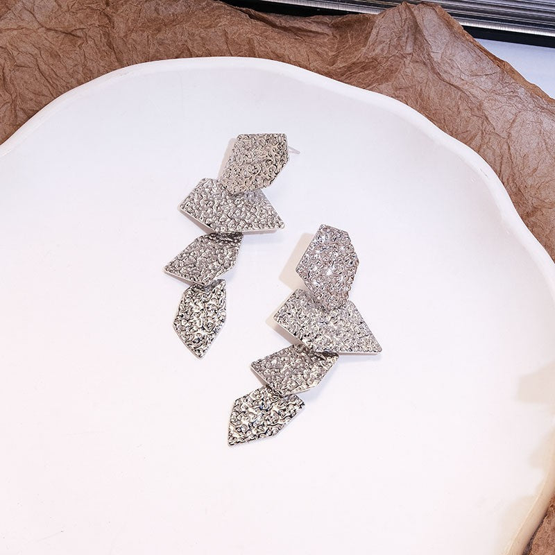 Vintage Geometric Floral Petal Dangle Earrings, Modern Smooth Shiny Metal Folding Craft Fashion Statement Women Ear Jewelry