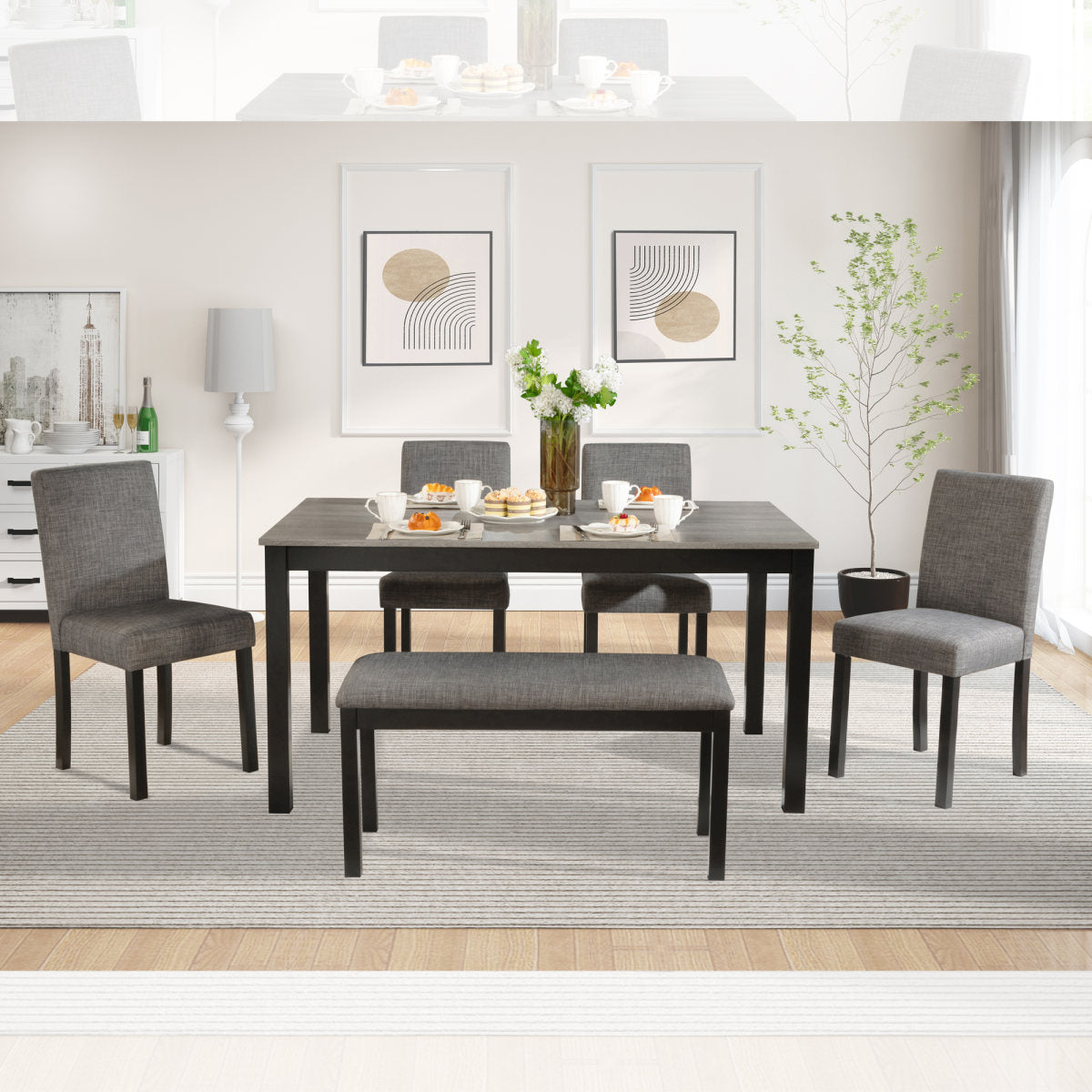 6-Piece Dining Table Set with Bench and Chairs, Dining Table Set for 6 with Bench, Wooden Dining Table Set for Kitchen, Dining Room, Light Grey & Black Two Tone