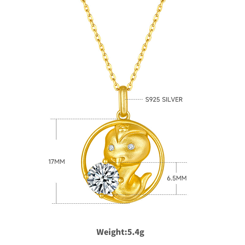 S925 Sterling Silver Gold Plated 1ct D Color VVS1 Moissanite Snake Necklace 5.4g Chinese Zodiac Benmingnian Gift GRA Certified Gift Box