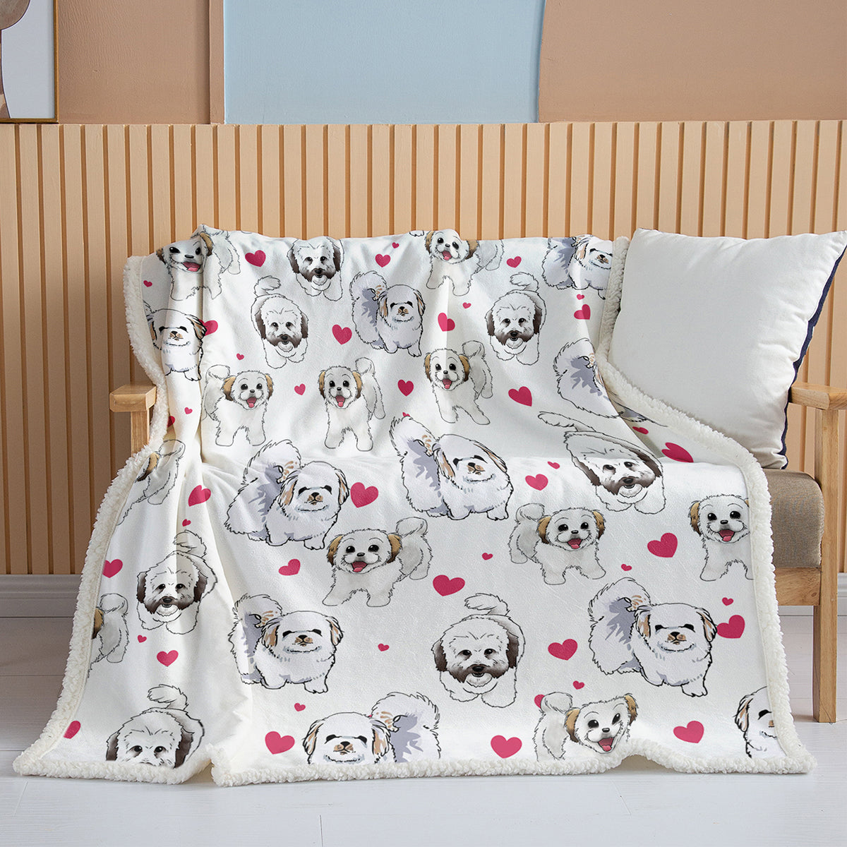 Shih Tzu Sherpa Throw Blanket - Super Soft Fuzzy Cozy Warm Red Hearts Dog Blanket Thick Plush Fluffy Blankets For Teen Girls Women Couch Bed Sofa Chair Men Boys Gift
