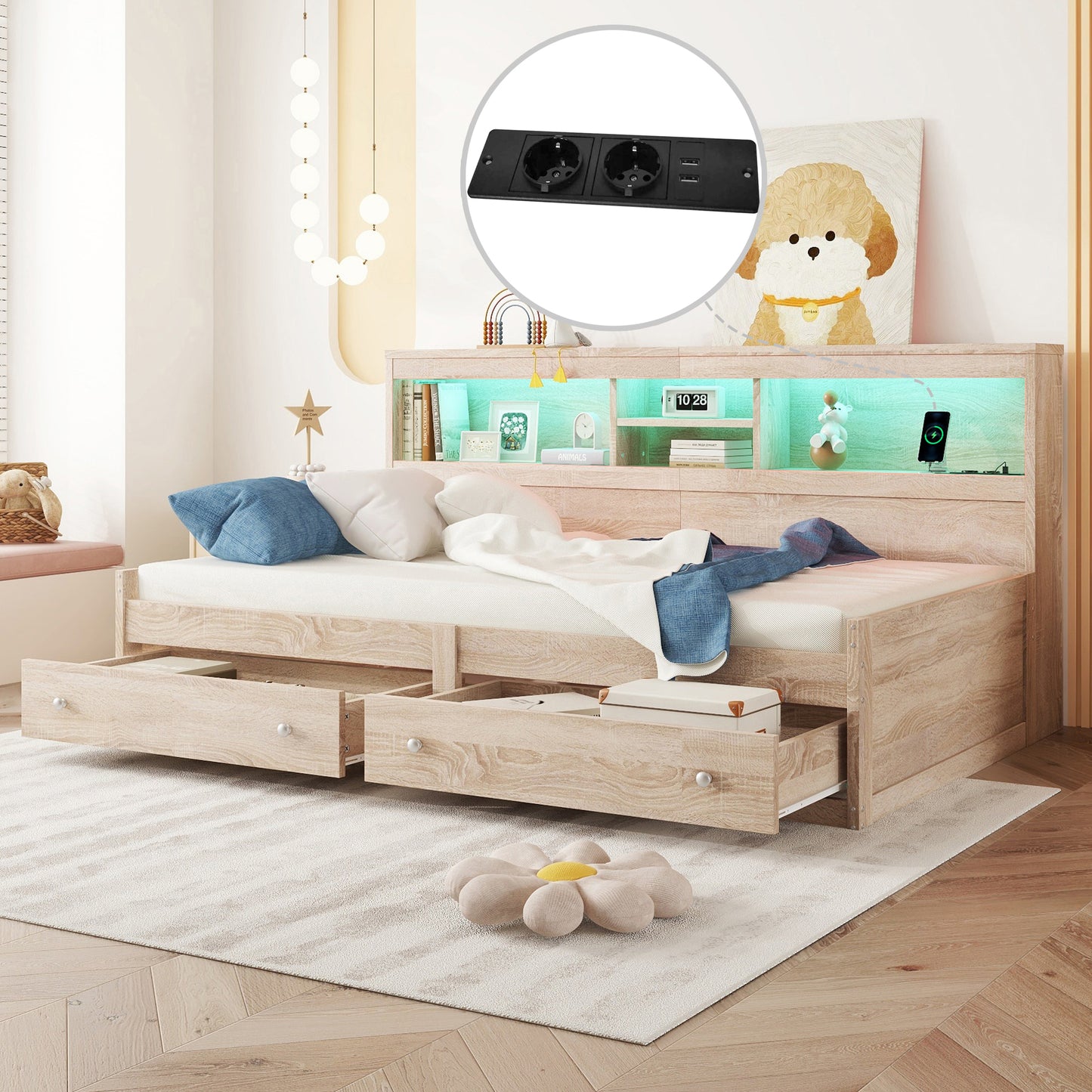 Daybed, 90x200cm Daybed, Sofa Bed, Bedside Table, Bed With 2 USB And 2 Charging Sockets, Ambient Lighting, Bed With Two Drawers, Bed With Slatted Base  Without Mattress , Chipboard, Natural