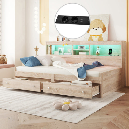 Daybed, 90x200cm Daybed, Sofa Bed, Bedside Table, Bed With 2 USB And 2 Charging Sockets, Ambient Lighting, Bed With Two Drawers, Bed With Slatted Base  Without Mattress , Chipboard, Natural