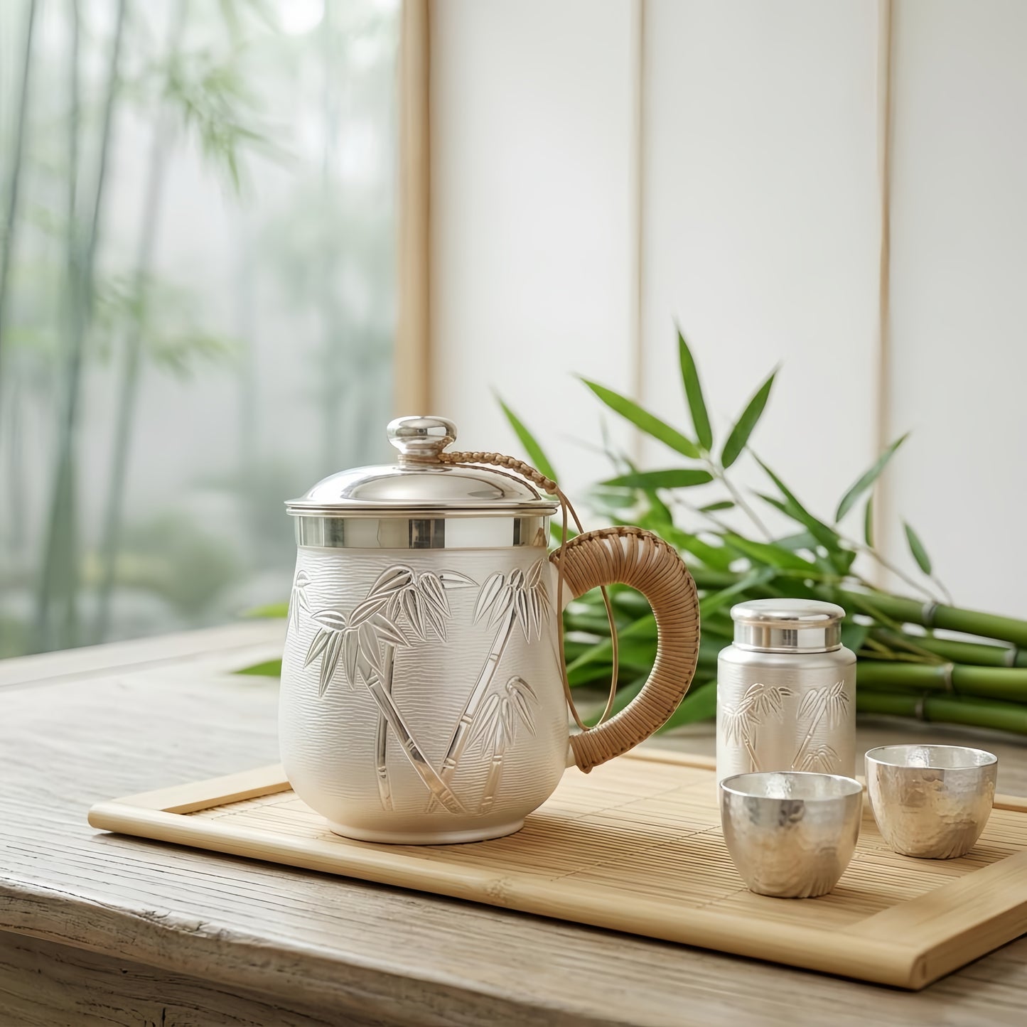 925 Sterling Silver Elegant White Ceramic Teacup with Bamboo Design and Woven Handle-Premium Tea Mug - Handicraft