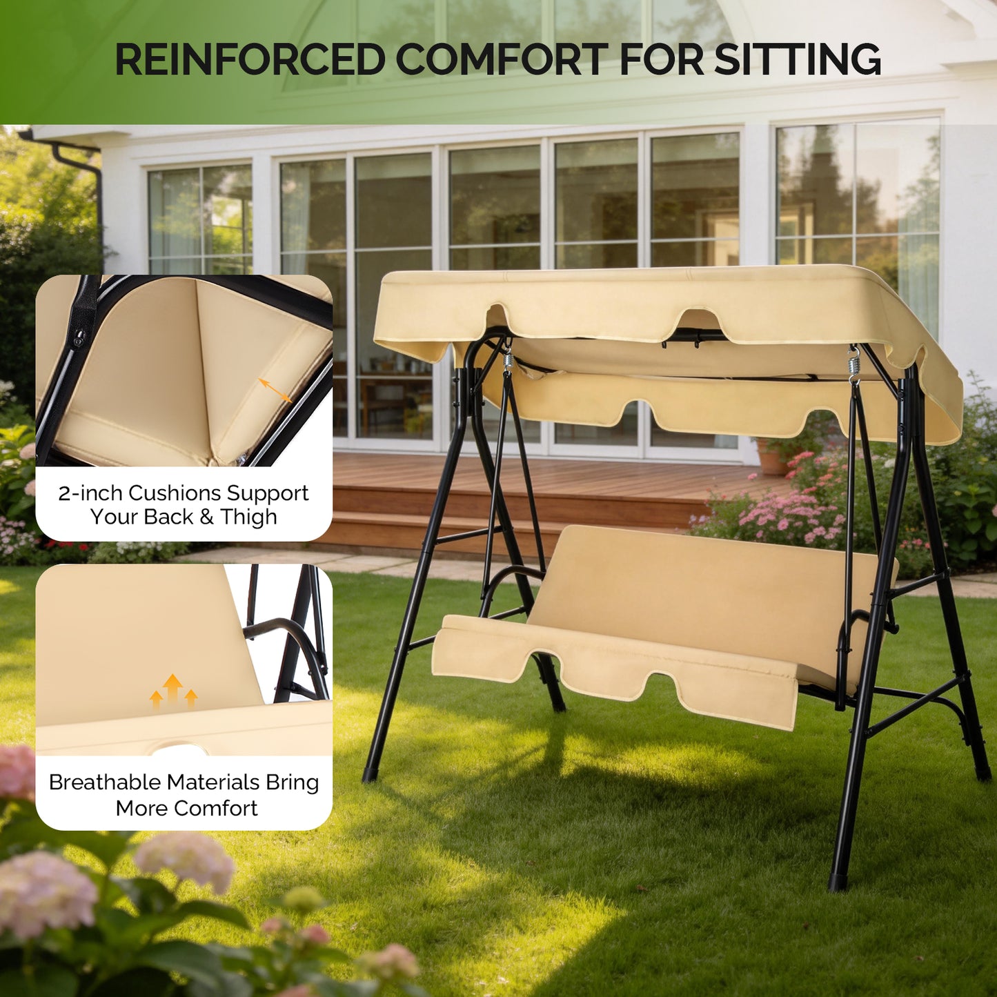 Outdoor Patio Swing Chair Set With Canopy, 3-Person Iron Frame Swing With Soft Cushions, 550lbs Capacity, Oxford Fabric, Khaki, Easy Assembly
