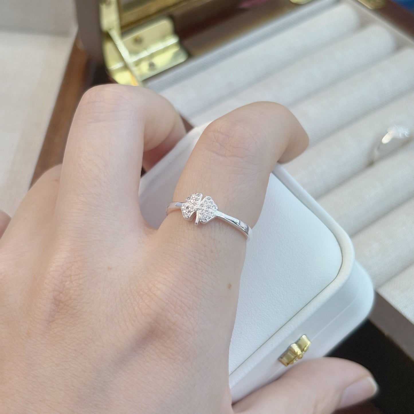 1pc 999 Sterling Silver Zircon Clover Open Ring, Sweet & Elegant Style, Perfect For Daily Wear & Valentine's Day Gift