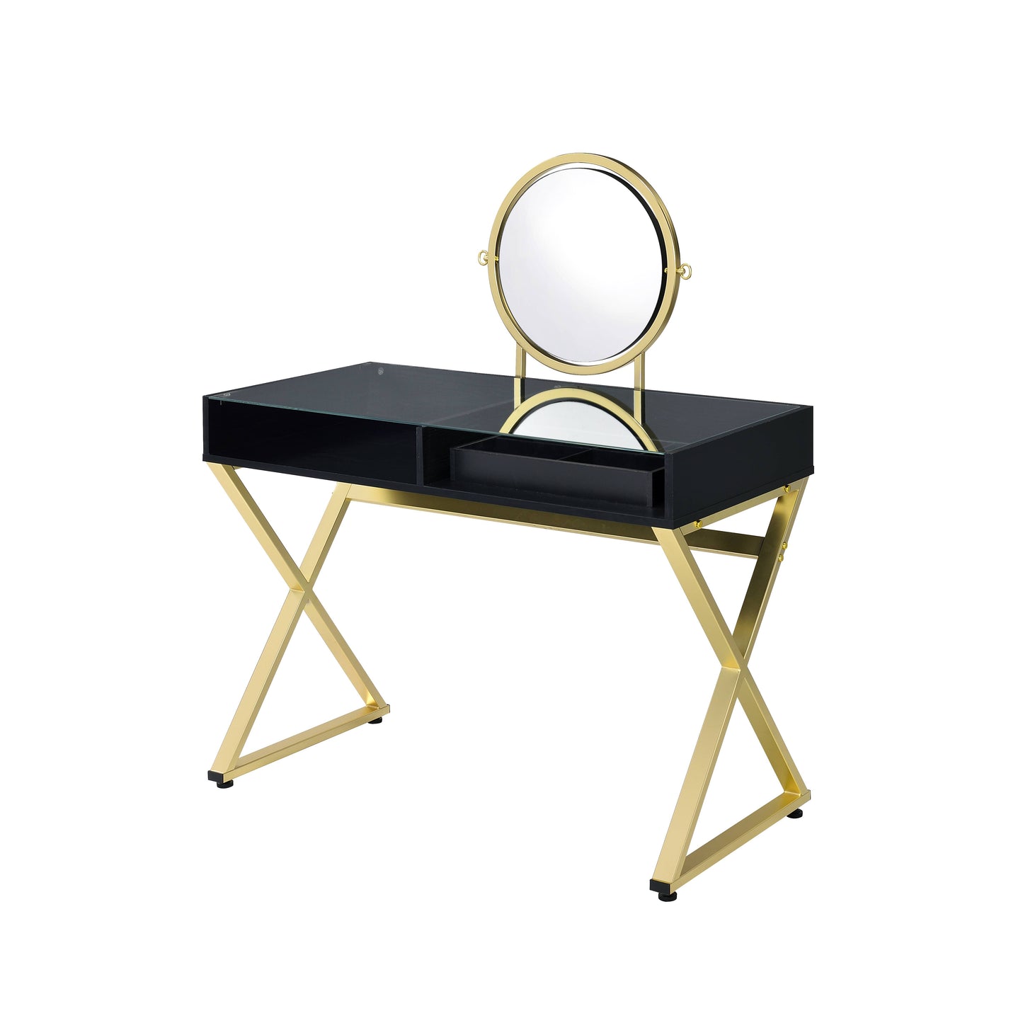 Coleen Black & Gold Finish Vanity Desk W Mirror & Jewelry Tray