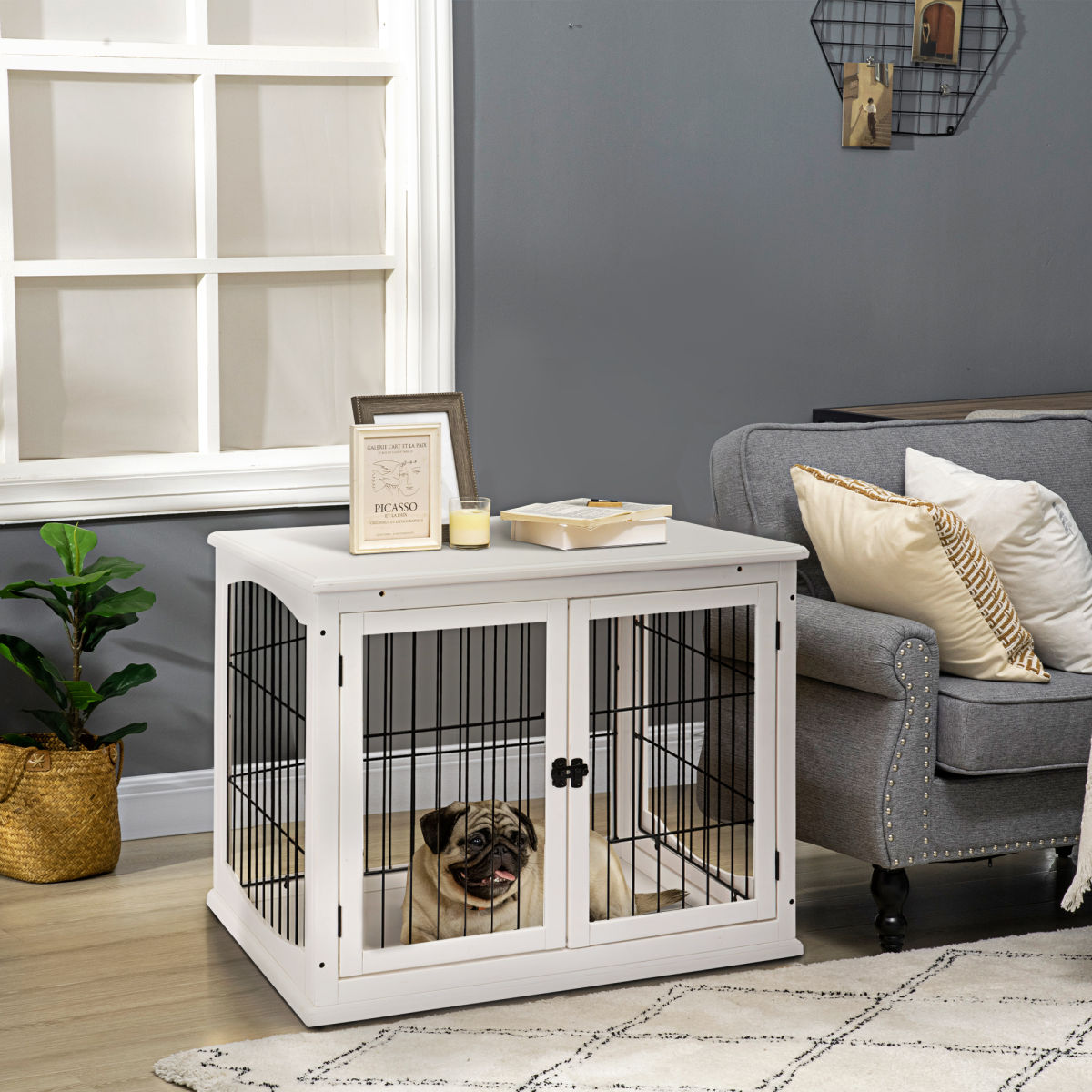 PawHut Dog Crate Furniture, Puppy Crate End Table, Pet Kennel House With 2 Doors For Medium And Small Dogs, 81 X 58.5 X 66 Cm, White