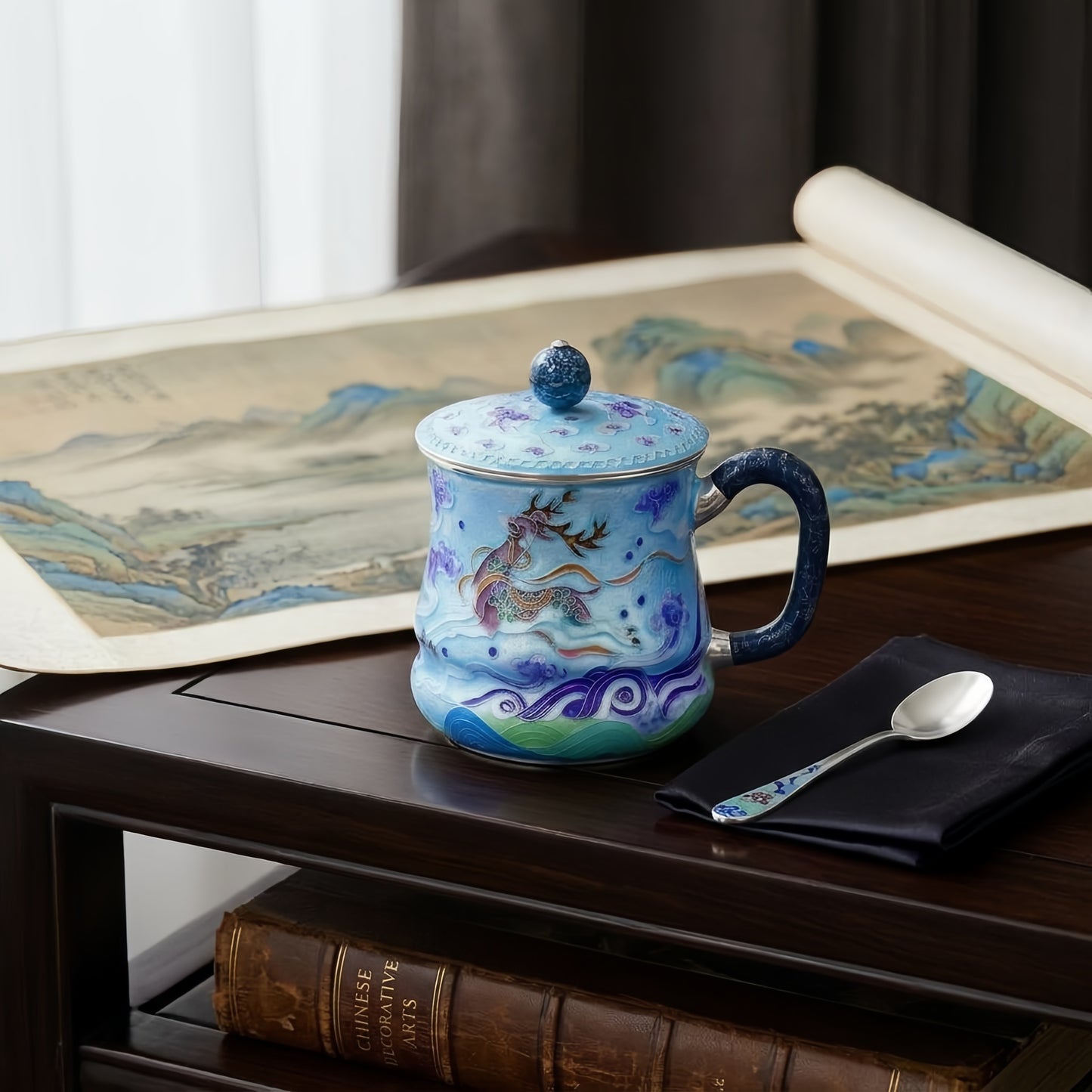 925 Sterling Silver Exquisite Blue Enamel Tea Mug Featuring a Majestic Deer and Celestial Wave Design - Handicraft