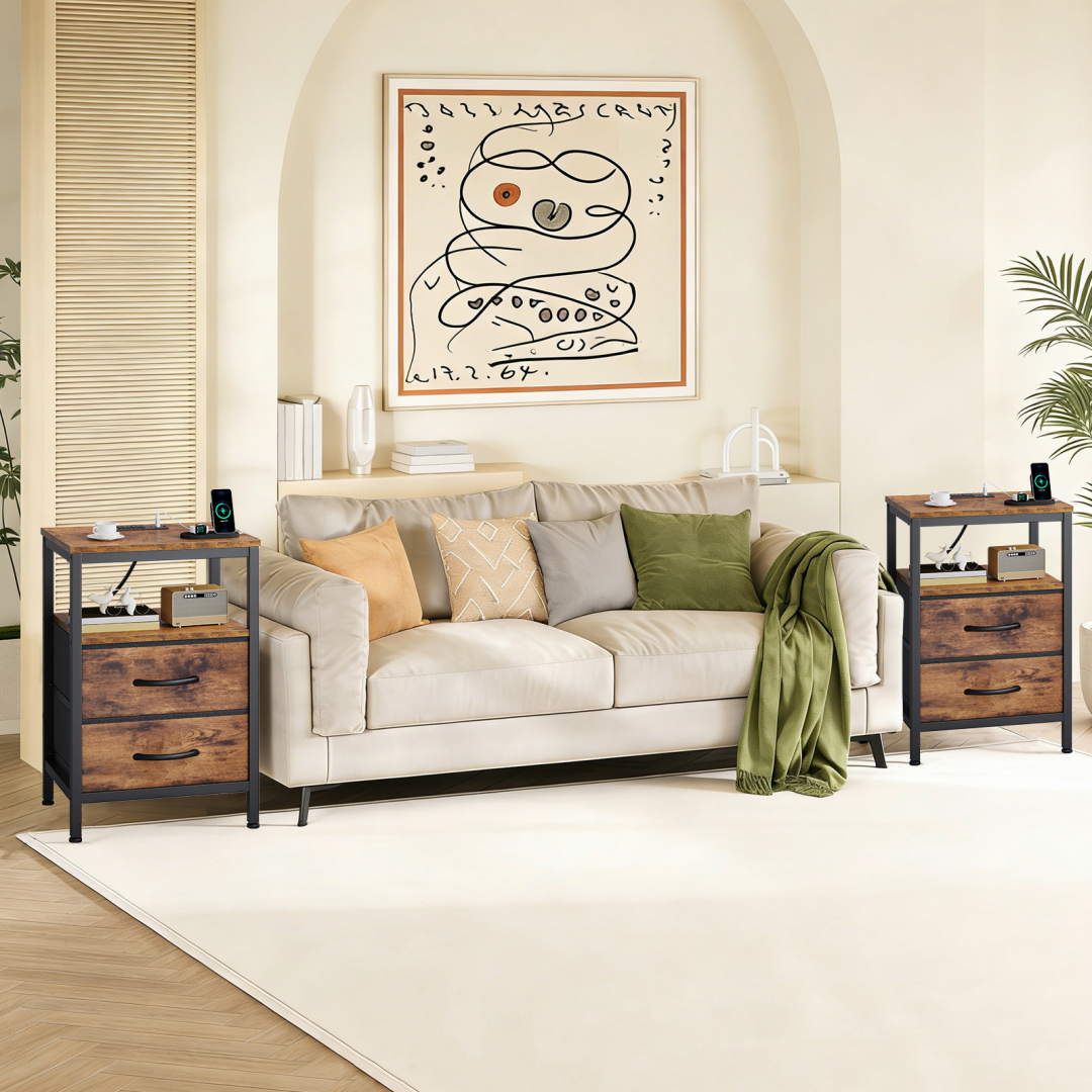 A Small Bedside Table With A Charging Station And Two Fabric Drawers, And A Side Bedside Table