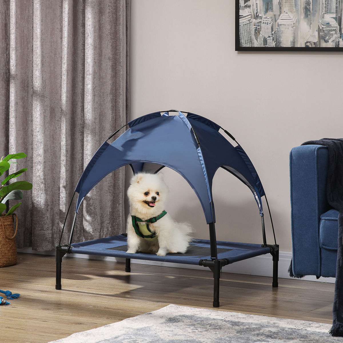 PawHut Raised Dog Bed Waterproof Elevated Pet Cot With Breathable Mesh UV Protection Canopy Blue, For Medium Dogs, 76 X 61 X 73cm
