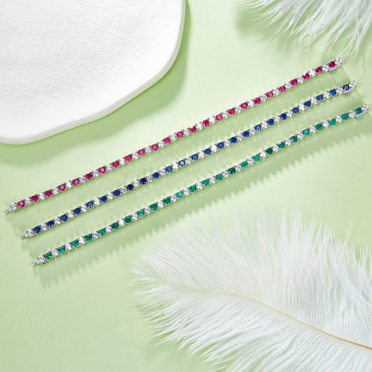 S925 Sterling Silver 3x3mm Lab-Grown Gemstone Tennis Bracelet For Women 16.5cm 8.6g Red Blue Green Options Platinum Plated Gift Box