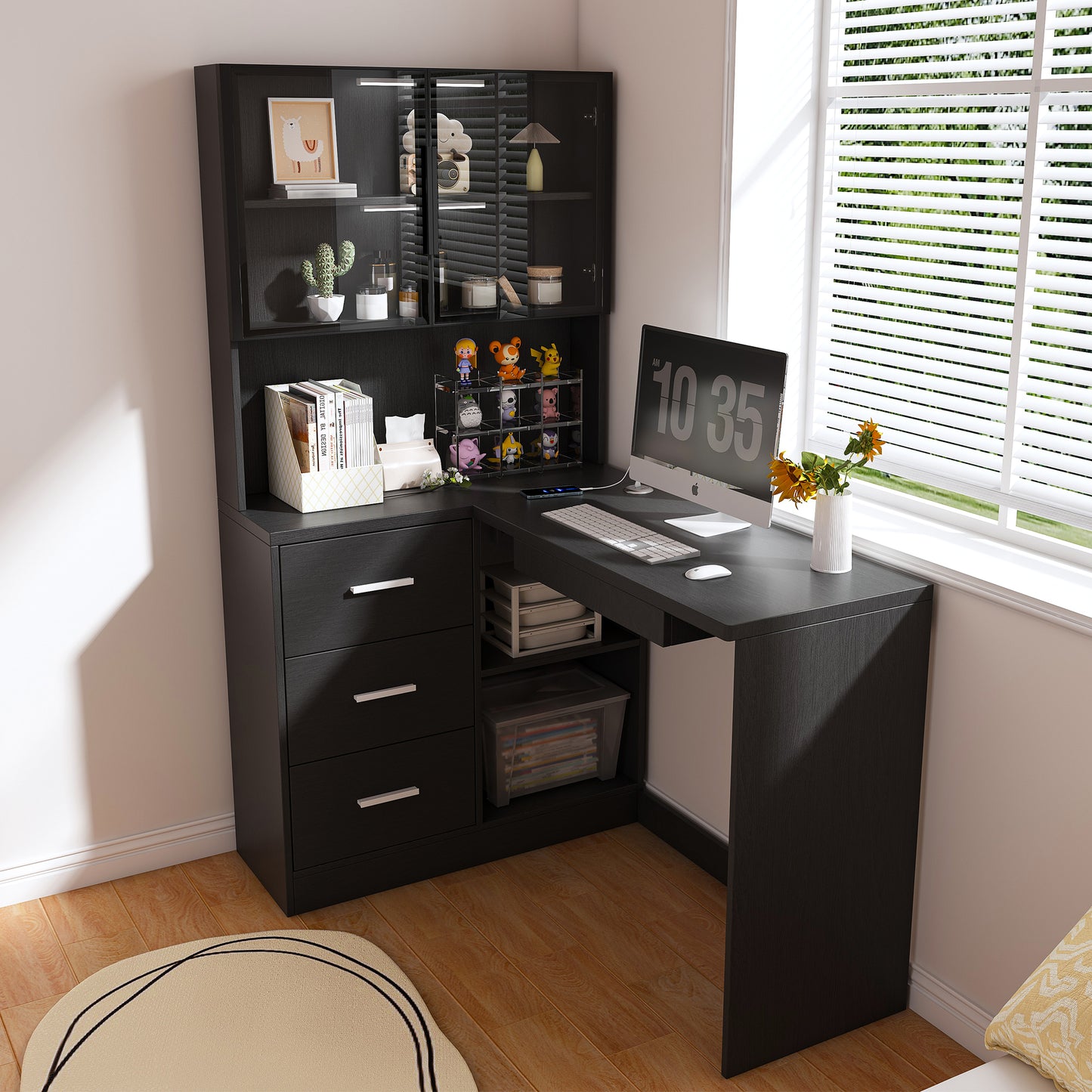 Computer Desk With Glass Cabinets & Built-In LED Lights, Corner L-Shaped Office Desk With USB Charging Ports, Keyboard Tray, Ergonomic Design For Home And Corporate Workspaces Black