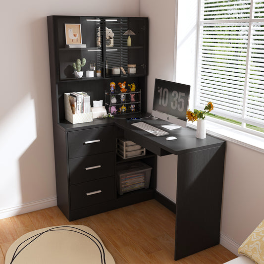 Computer Desk With Glass Cabinets & Built-In LED Lights, Corner L-Shaped Office Desk With USB Charging Ports, Keyboard Tray, Ergonomic Design For Home And Corporate Workspaces Black