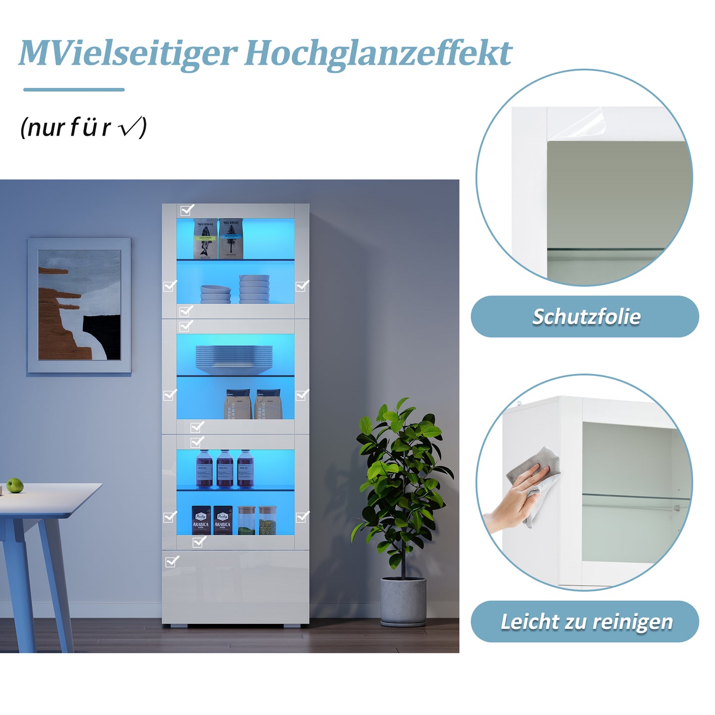 60x40x173cm Wardrobe,Showcase Outdoor Acrylic Wardrobe Door, Showcase High Gloss Storage Cabinet With LED Lighting, 3 Glass Floors, Highboard, Living Room Wardrobe, Storage Cabinet, Wardrobe, Sofa Clo