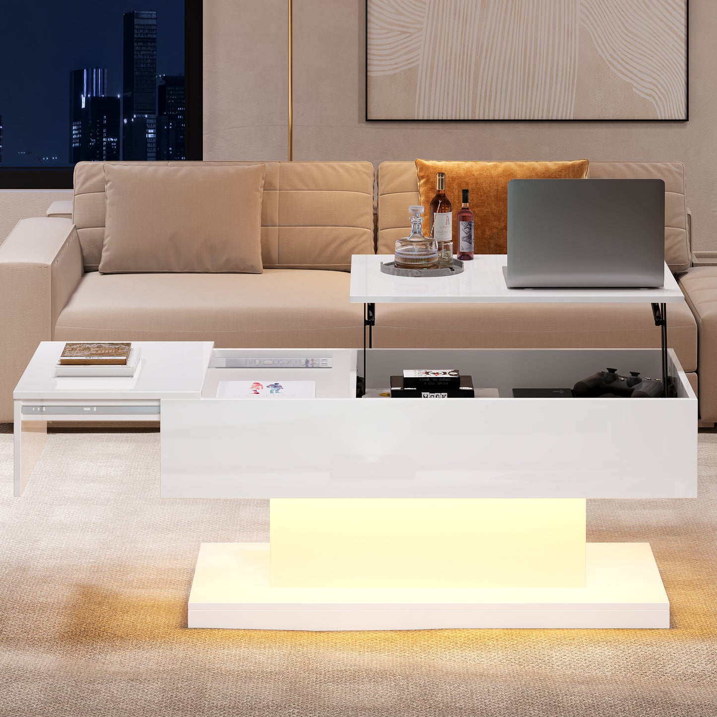 High Gloss Lift Tea Table LED Coffee Tables Coffee Table 100x50x45 Cm With LED Lighting - Semi-Liftable Table Top And Sideways Sliding Design, Hydraulic Lift And Storage