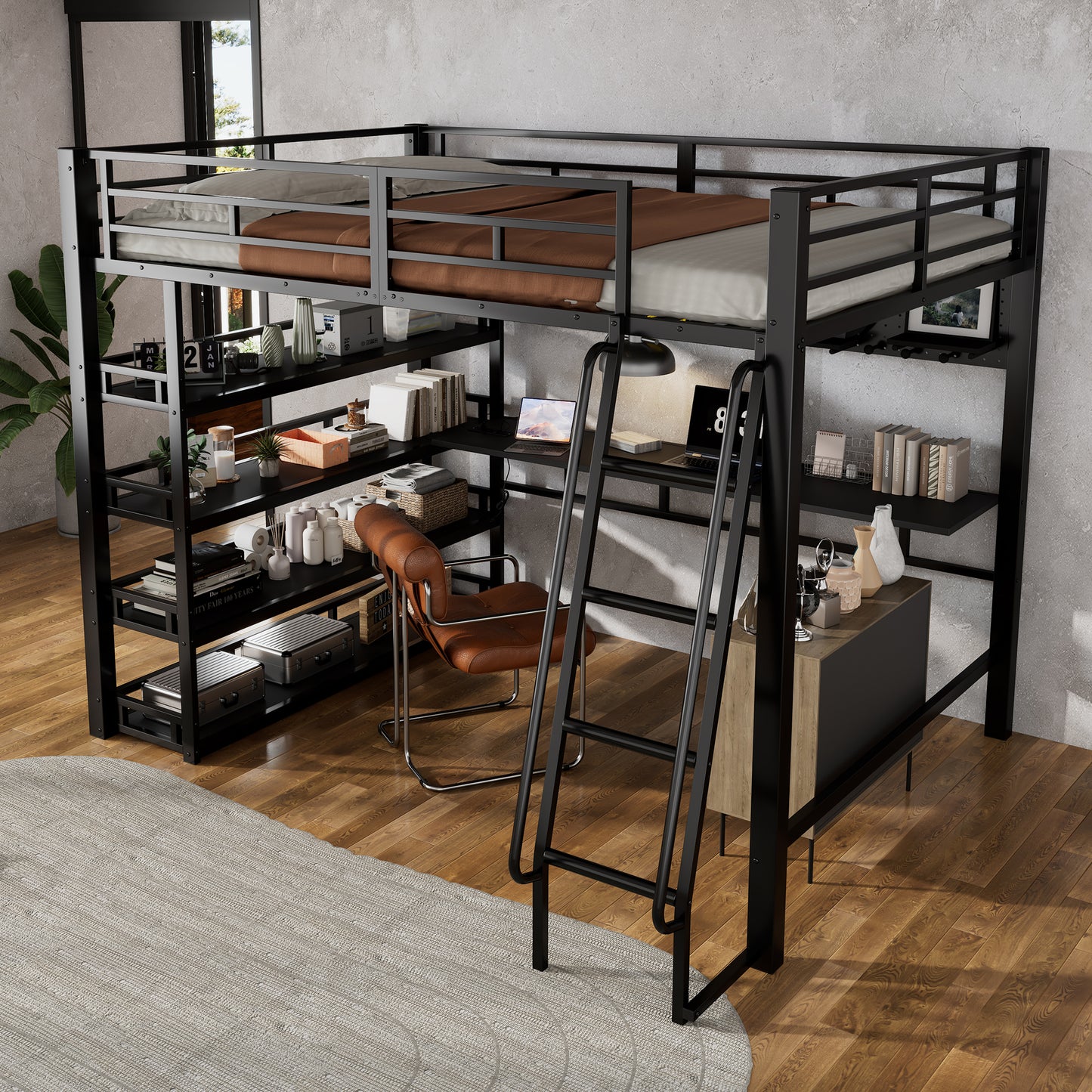 Iron Bed, Loft Bed, With Shelves And Plenty Of Storage Space, Equipped With Charging Port, Four-step Inclined Ladder, Can Hang Objects, Iron  Chipboard, Black, 140x200cm