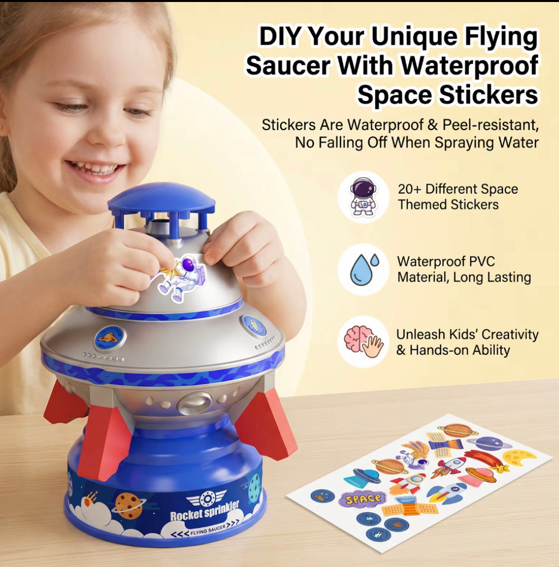 Kids UFO Rocket Water Sprinkler, Flying Saucer Water Launcher With Colorful LED Flashing Lights & DIY Stickers, Outdoor Summer Water Toy For Yard & Garden