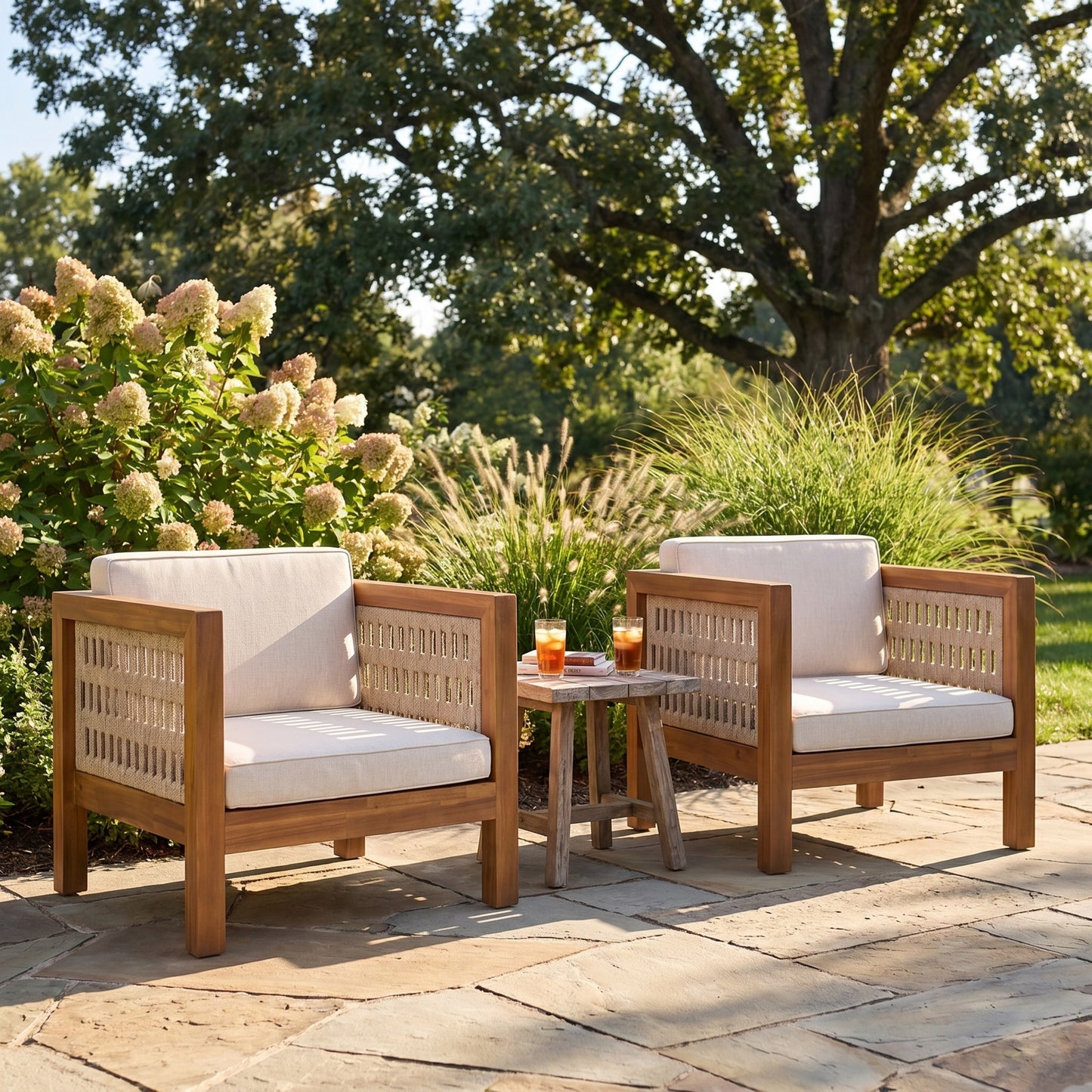 Outdoor Club Chair Set Of 2, Acacia Wood Frame With Beige Rope Arm And Beige Cushions,400 Lbs Capacity