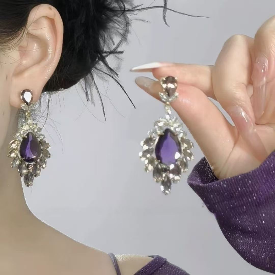 European American Fashion Gradient Purple Teardrop Zircon Earrings, Super Sparkling Dangle Drop Earrings For Runway & Formal Evening Dress