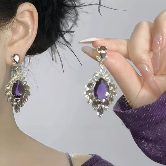 European American Fashion Gradient Purple Teardrop Zircon Earrings, Super Sparkling Dangle Drop Earrings For Runway & Formal Evening Dress