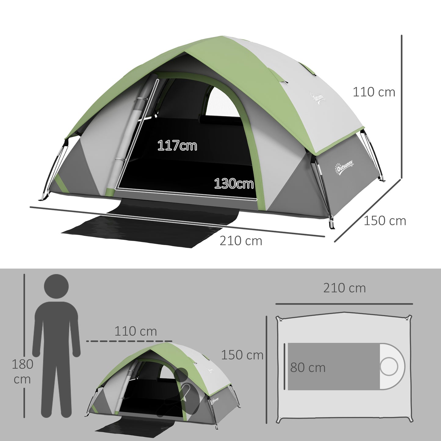 Two Man Single Room Dome Tent, With Accessories - Green/Grey