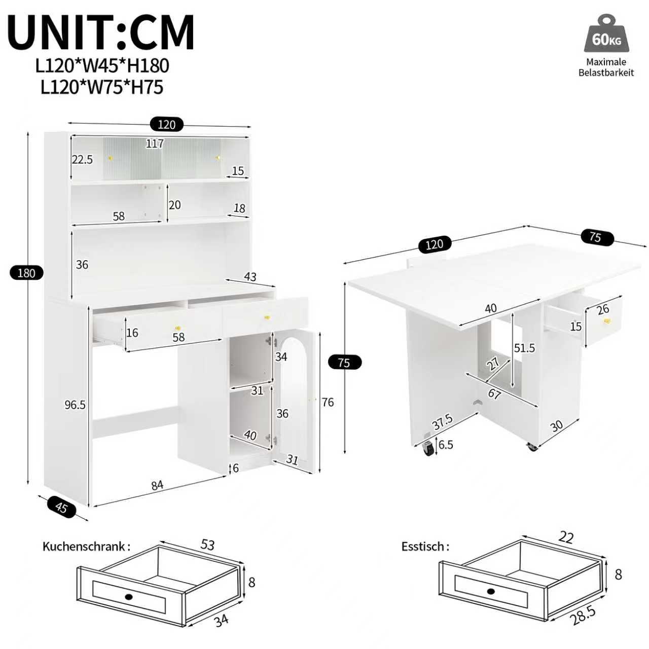 Kitchen Cabinet Set With Folding Dining Table And Bar Table, Mobile Dining Table On Wheels, Tall Cabinet With Storage Space, Furniture Set For Kitchen, Dining Room And Living Room, White