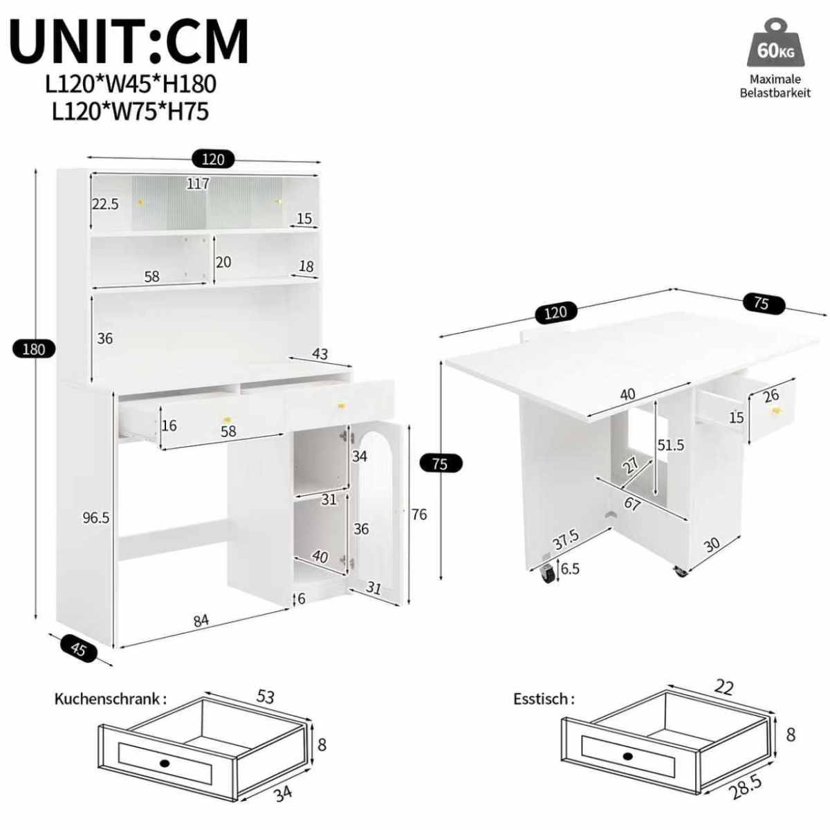 Kitchen Cabinet Set With Folding Dining Table And Bar Table, Mobile Dining Table On Wheels, Tall Cabinet With Storage Space, Furniture Set For Kitchen, Dining Room And Living Room, White