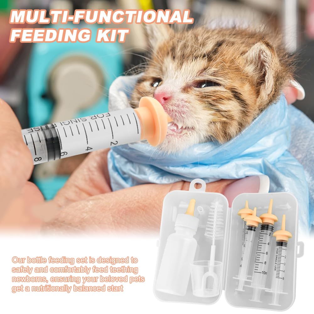 Pet Nursing Kit, Newborn Cat Bottle Feeding Set, For Newborn Puppies, Kitten, Other Small Animals,with Silicone Nursing Nipples, Formula Dispenser,Liquid Syringes,Measuring Cup&Cleaning Brush