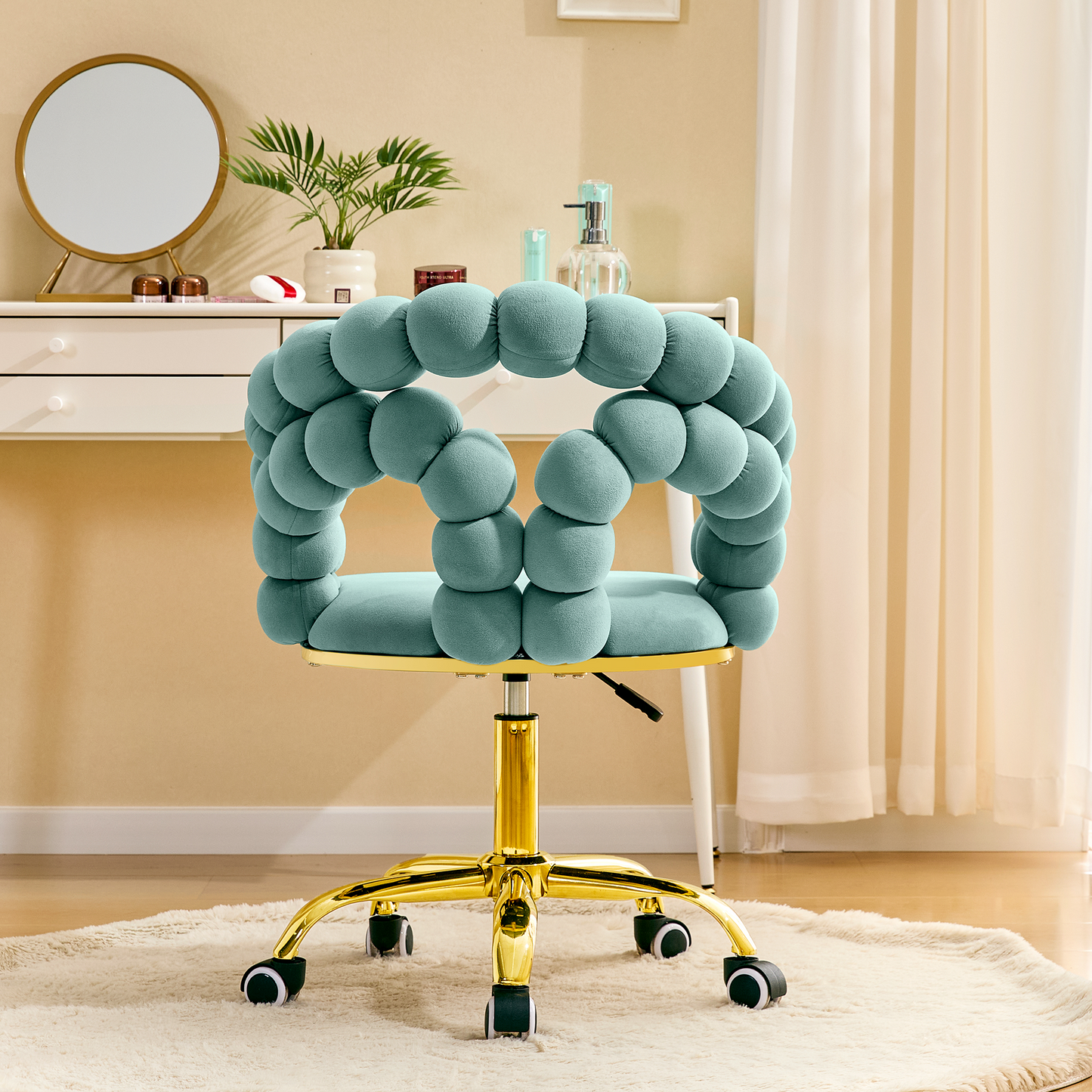 Modern Velvet Adjustable Swivel Desk Chair With Bubble Back, Upholstered Vanity Chair With Gold Metal Base, Rolling Office Chair For Home Office, Bedroom, Makeup Room, Teal  Set Of 1