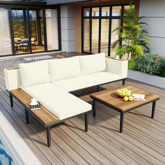 Luxury Patio Furniture Set With Removable Cushions And Coffee Table, L-Shaped  Acacia Wood Sofa With Side Table, Outdoor Conversation Sectional Sofa  For Backyard, Porch, Beige