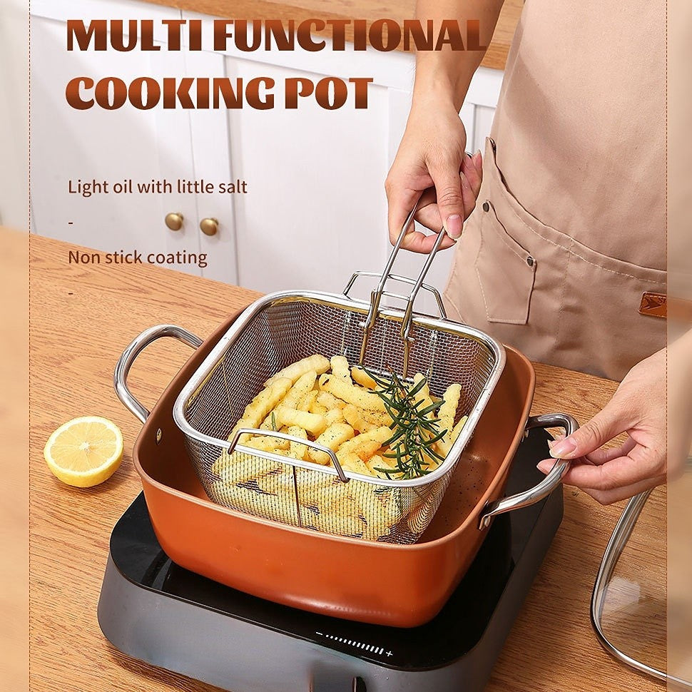 24cm Square Kitchen Fryer Non Stick Chip Pan Potato Fryer W  Basket Cooking Pot
