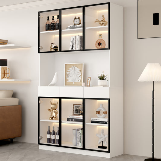 Glass Cabinet Door, 200cm High, White Display Cabinet With LED Lights, Multi-storage Bookshelf For Collections, Bedroom, Living Room, Office, White - Black Door Frame