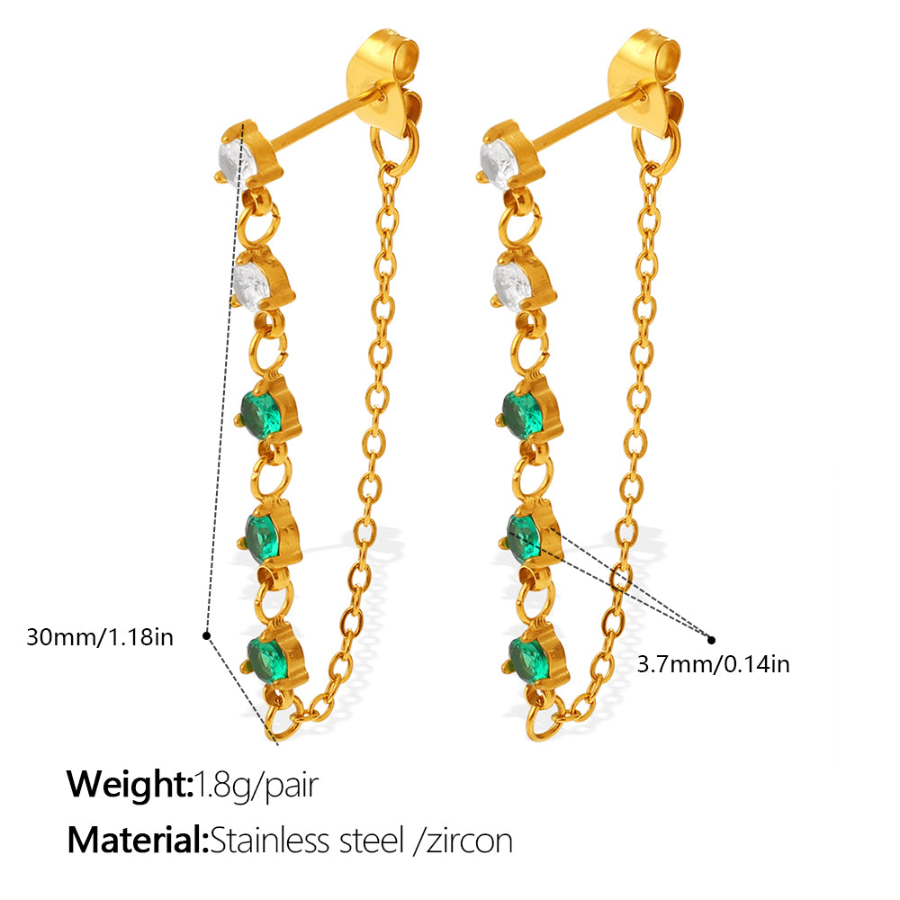 New Fashion Luxury Design Zircon Inlaid Pendant Earrings, Stainless Steel, Korean & Japanese Style Chain Tassel Ear Jewelry