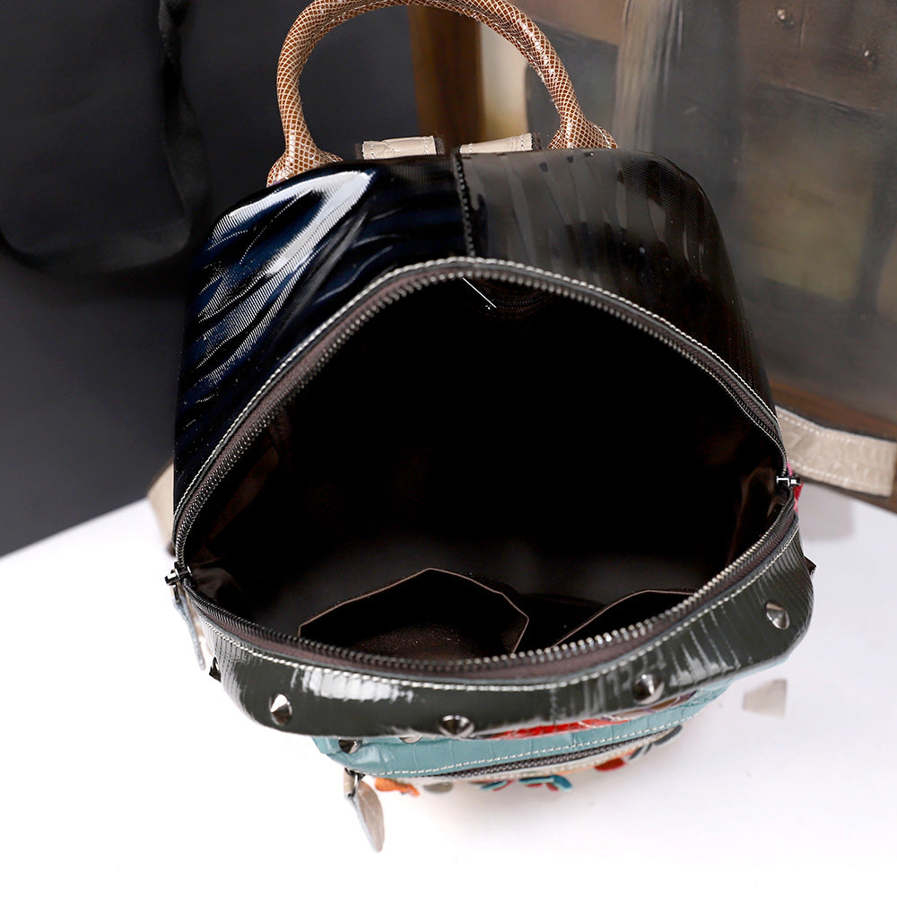 New Ethnic-style Patchwork Color-block Backpack, Genuine Leather