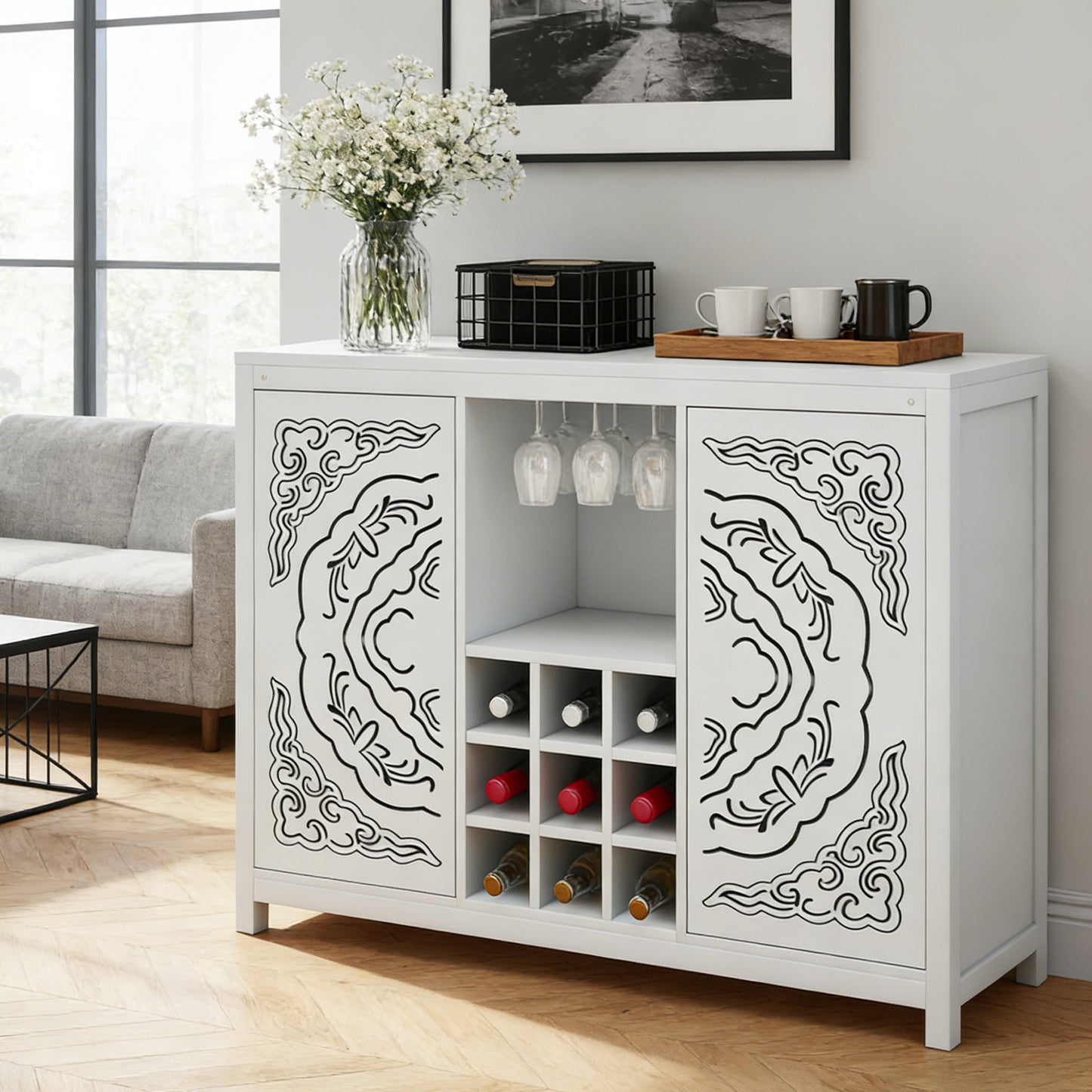 Wine Bar Cabinet With 2 Doors Buffet Storage Liquor Cabinet With Wine Rack And Glass Holder For Living Dining Room Kitchen
