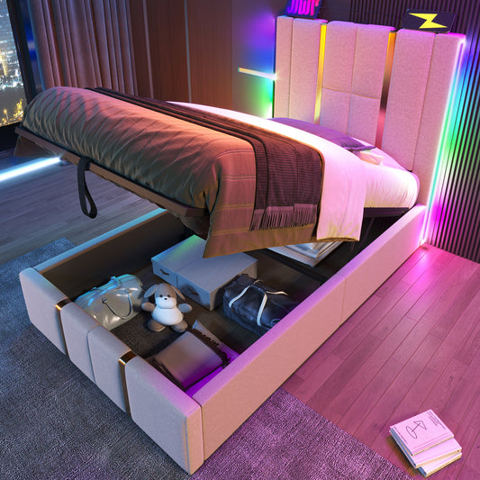 Upholstered Bed USB Type C Charging Function APP-Control LED Single Bed 90x200 Storage Beds Bed Frame, Wooden Slatted Frame, Beige Linen Material  Without Mattress