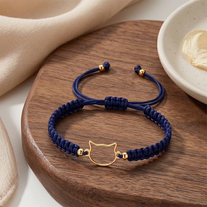 Minimalist Cat Outline Cord Bracelet - 18K Gold Plated Stainless Steel Waterproof String Bracelet - Cute Animal Jewelry Gift For Cat Lovers Men Wome