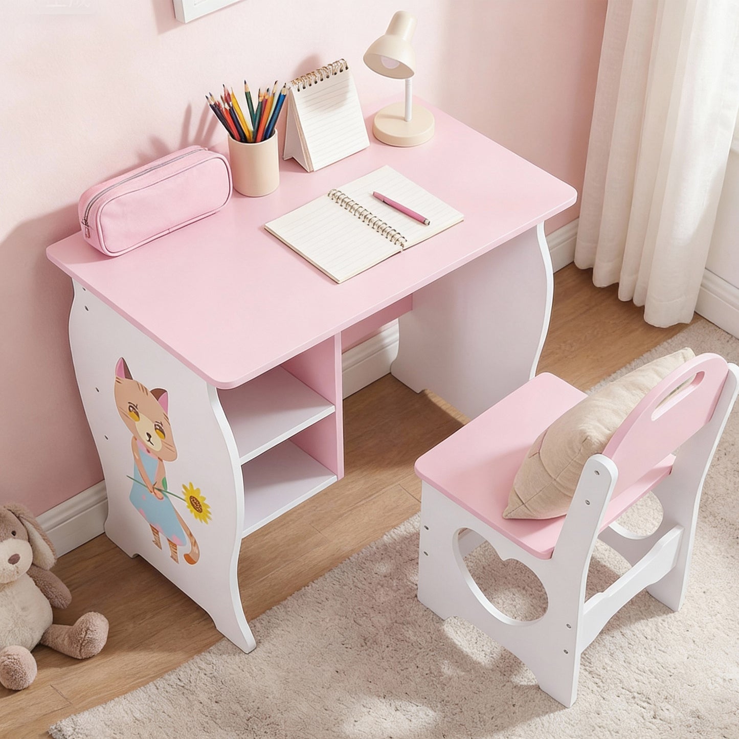 Kids Desk And Chair Set Children Study Desk With Storage Shelf Wooden Study Table And Chair For Home School Use
