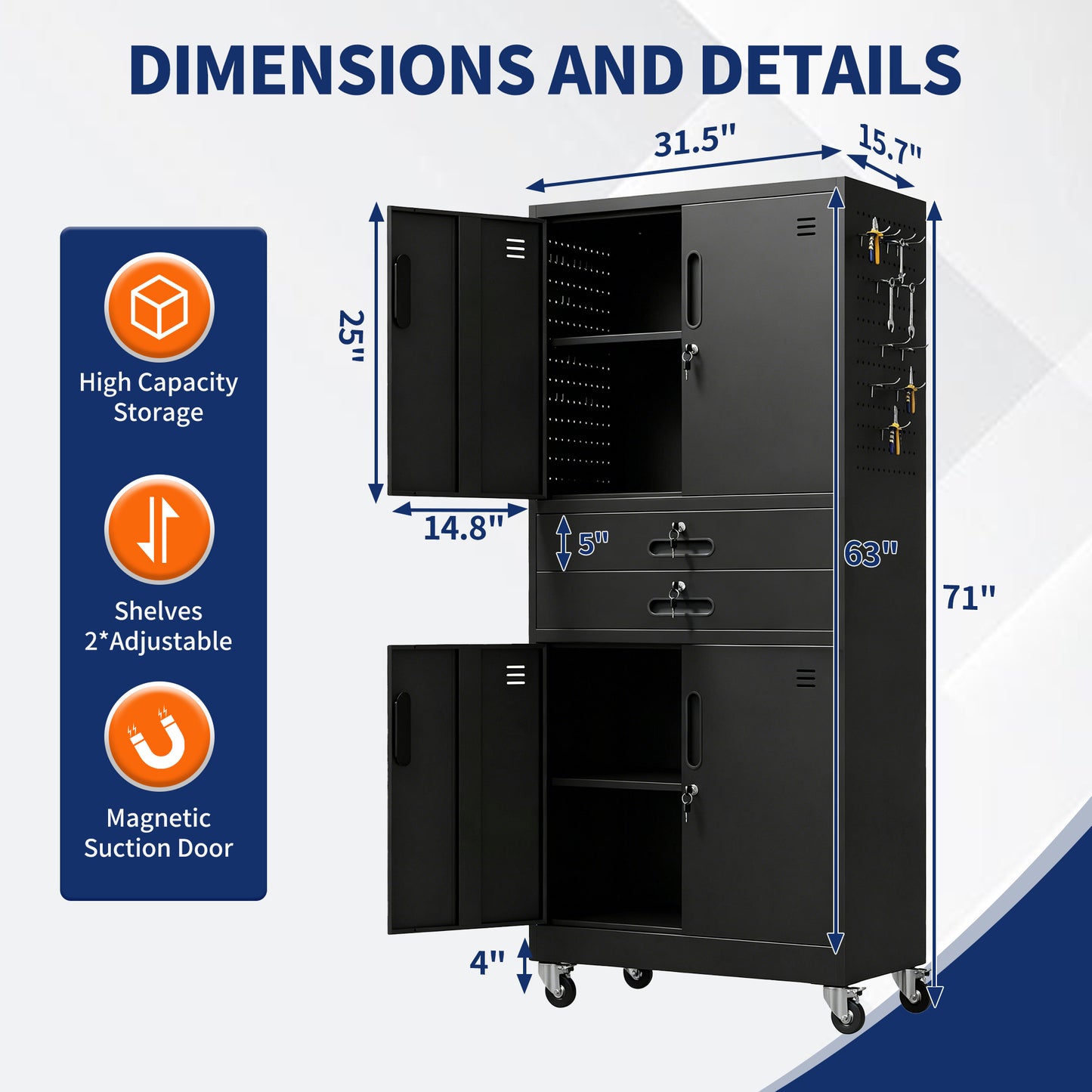 Metal Storage Cabinet With Two Drawers, 71  Garage Cabinet With Locking Doors And 2 Adjustable Shelves, Heavy Duty Tool Cabinet With Pegboard, 8 Hooks & Rolling Wheels For Home Office Utility
